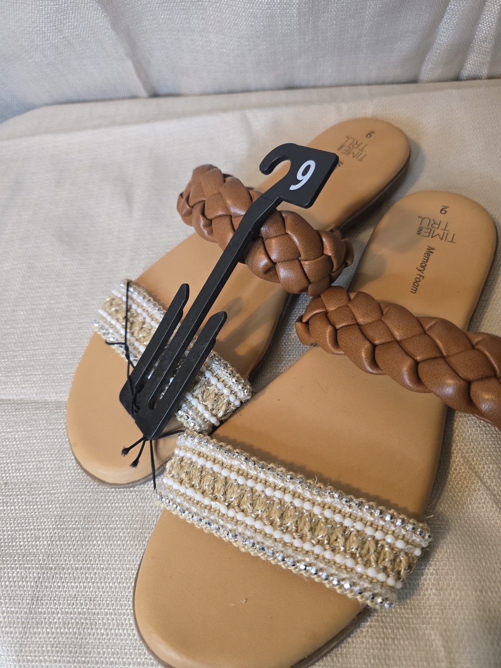 Time and Tru Tan Braided Strap Slide Sandals with Beaded Accent